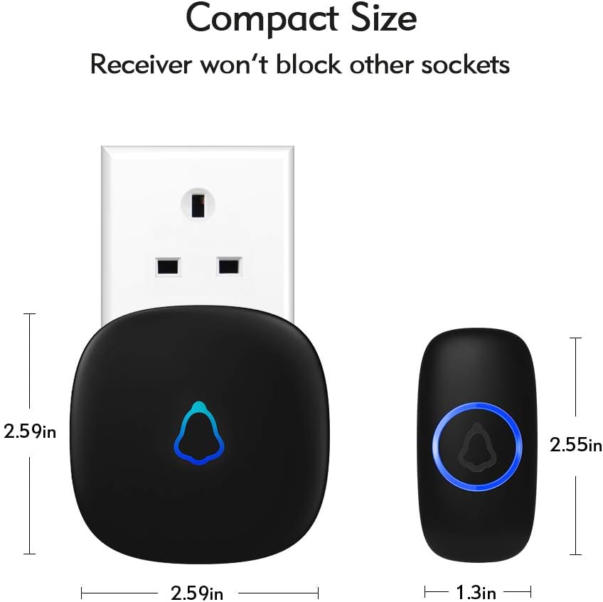 SECRUI Wireless Doorbell, Plug in Waterproof Battery Operated Cordless Doorbell Operating at 1,000 Feet Long Range with 58 Chimes 5 Volume Levels LED Light Easy Install for Home, School, Office,Black [Energy Class A++]