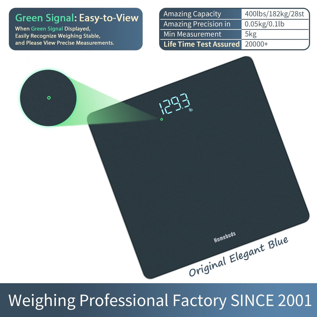 Homebuds Bathroom Scales for Body Weight, Precision 0.1lb by Our Professional Factory Since 2001, Weighing Scales LED Display and Step-On, 3*AAA Batteries Included, 28st/400lb/182kg, Blue Visit the HOMEBUDS Store