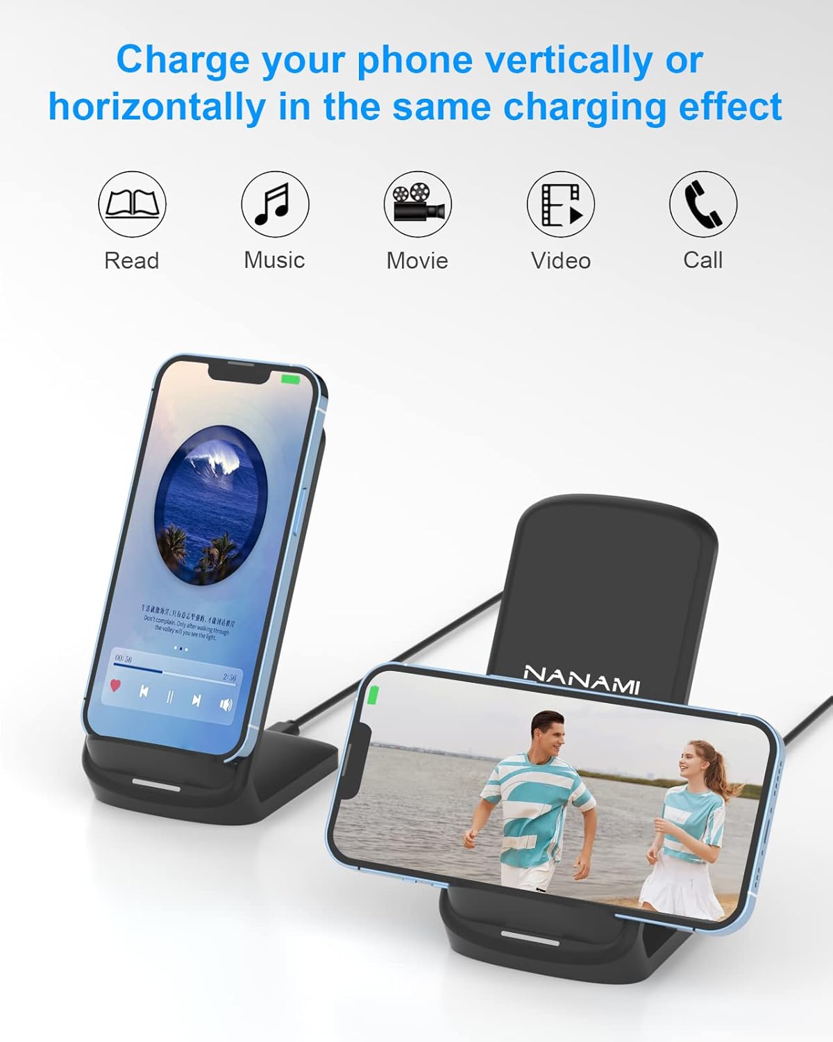 NANAMI Wireless Charger for Samsung and iPhone, 15W Fast Wireless Charging Stand for Galaxy S25 Ultra S24 S23 S22 S21 S20 S10 Note 20, 7.5W for iPhone 17 16 15 14 13 12 11 X XS XR & Qi-Enabled Phone
