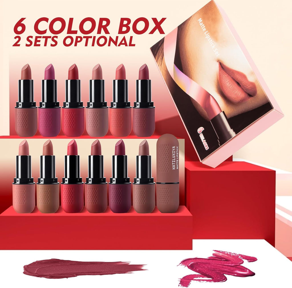 6Pcs Red Velvet Matte Lipstick Set, High Pigmented Long-Lasting Waterproof Lip Stick Lip,Moisturizing balms, Sheer tint, Shine & Glowy Finish,Stain Makeup Gift Sets. (01, color) Brand: Katiluxiya