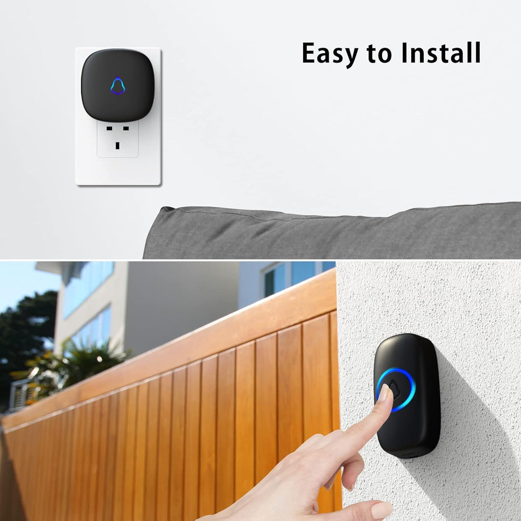 SECRUI Wireless Doorbell, Plug in Waterproof Battery Operated Cordless Doorbell Operating at 1,000 Feet Long Range with 58 Chimes 5 Volume Levels LED Light Easy Install for Home, School, Office,Black [Energy Class A++]