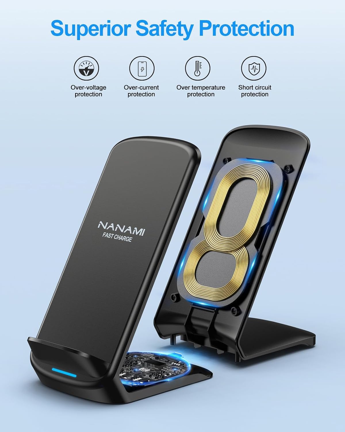 NANAMI Wireless Charger for Samsung and iPhone, 15W Fast Wireless Charging Stand for Galaxy S25 Ultra S24 S23 S22 S21 S20 S10 Note 20, 7.5W for iPhone 17 16 15 14 13 12 11 X XS XR & Qi-Enabled Phone
