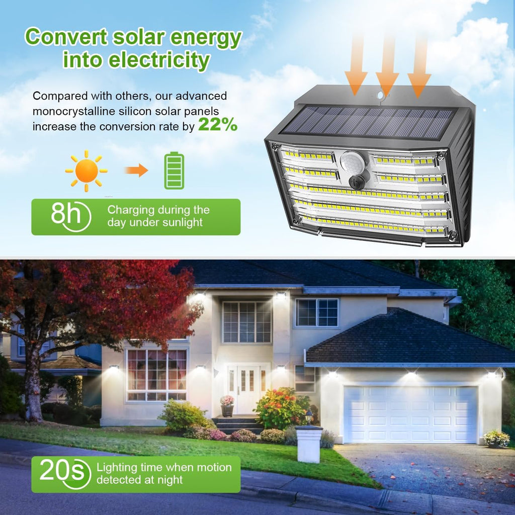 CLAONER SOLER LIGHTS OUT DOOR, SUPPER BRIGHT 126 LED SOLAR SECURITY LIGHTS PIR MOTION SENCER WITH 3 LIGHTING MODES 270 LIGHTING ANGLE, WIRELESS IP65