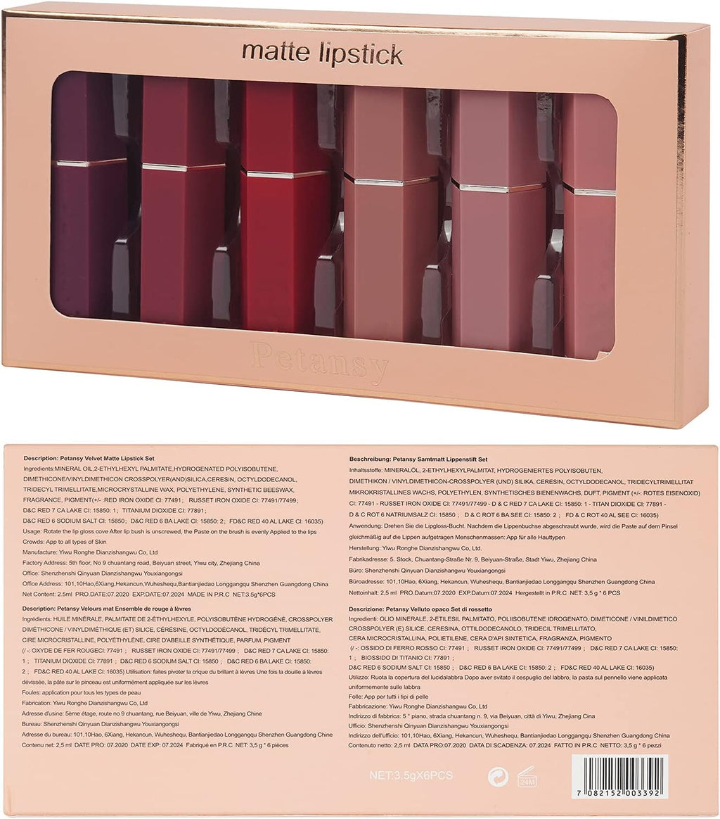 Matte Lipstick Set 6 Colors Velvet Smooth Long Lasting Smudge Proof Lipstick Waterproof Non-Stick Cup Nude Lip Makeup Set with Gift Box