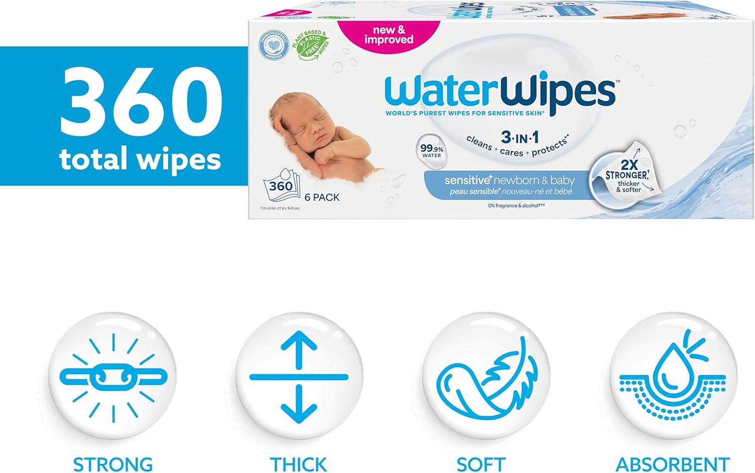WaterWipes Sensitive+ Newborn & Baby Wipes, 360 Count (6 Packs), 3-In-1 Cleans, Cares, Protects, 99.9% Water, Unscented Visit the WaterWipes Store