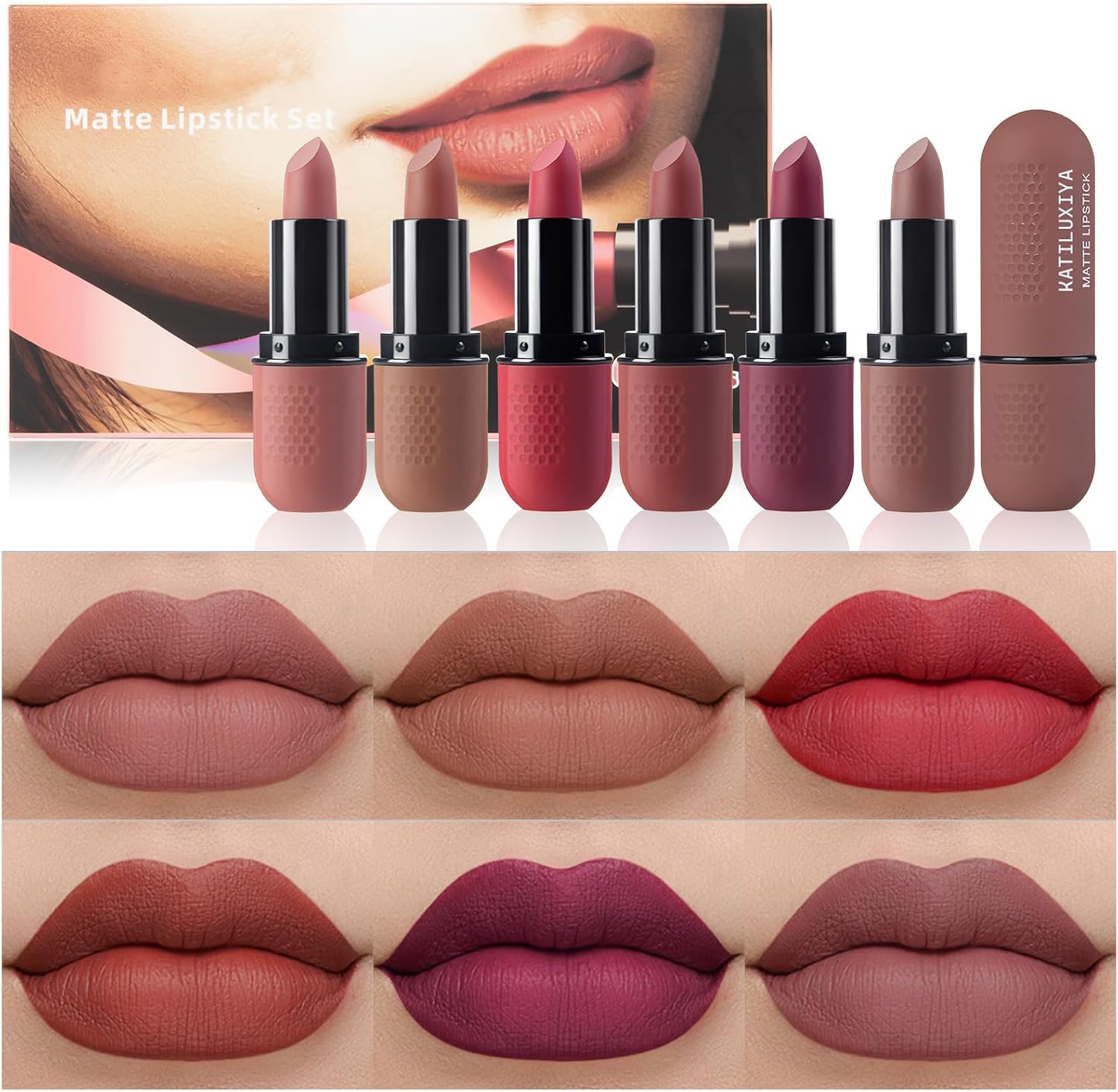 6Pcs Red Velvet Matte Lipstick Set, High Pigmented Long-Lasting Waterproof Lip Stick Lip,Moisturizing balms, Sheer tint, Shine & Glowy Finish,Stain Makeup Gift Sets. (01, color) Brand: Katiluxiya