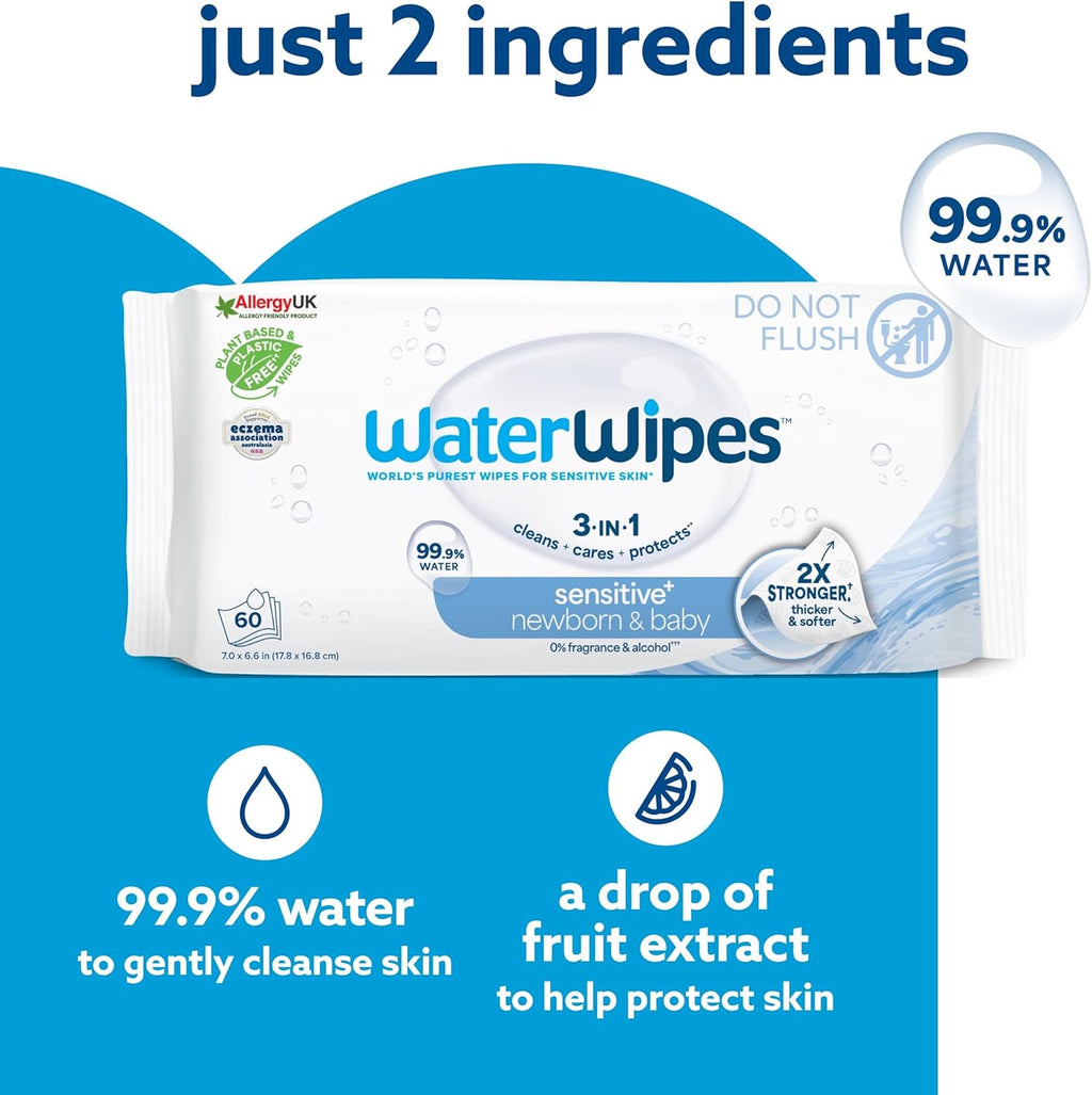 WaterWipes Sensitive+ Newborn & Baby Wipes, 360 Count (6 Packs), 3-In-1 Cleans, Cares, Protects, 99.9% Water, Unscented Visit the WaterWipes Store