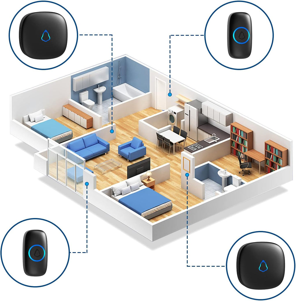 SECRUI Wireless Doorbell, Plug in Waterproof Battery Operated Cordless Doorbell Operating at 1,000 Feet Long Range with 58 Chimes 5 Volume Levels LED Light Easy Install for Home, School, Office,Black [Energy Class A++]