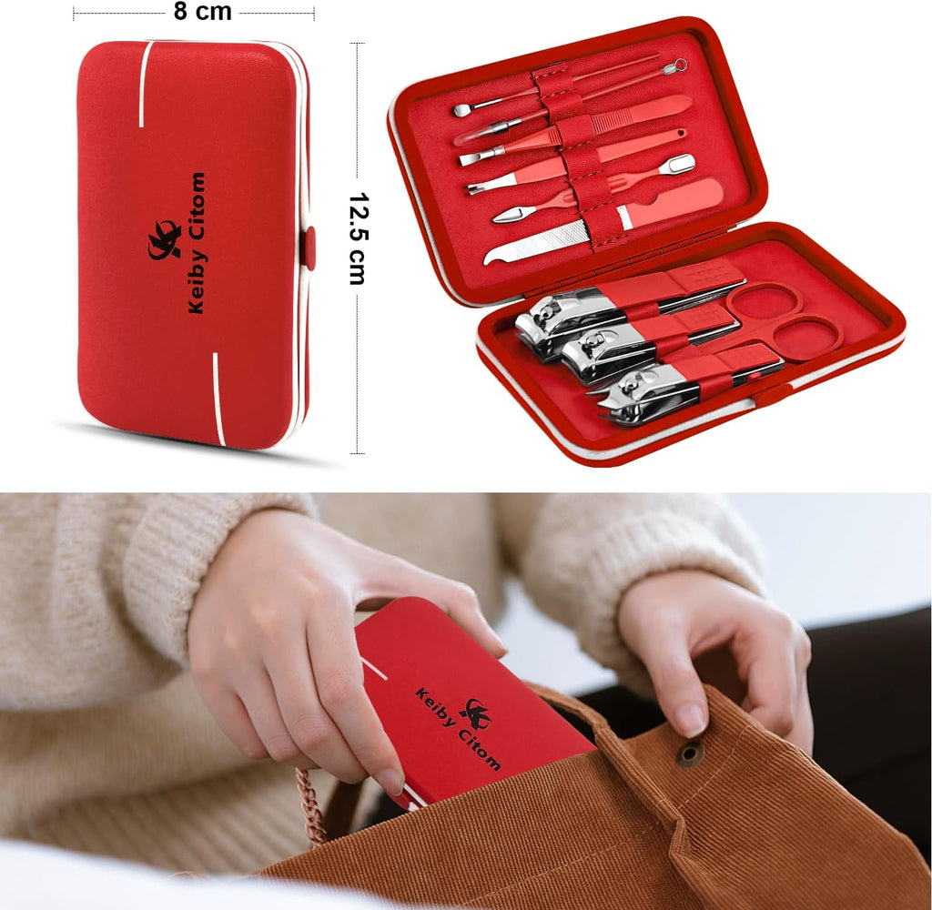 Manicure Set 10pcs Professional Nail Clippers Kit Pedicure Care Tools-Stainless Steel Grooming Tools for Travel (Red)