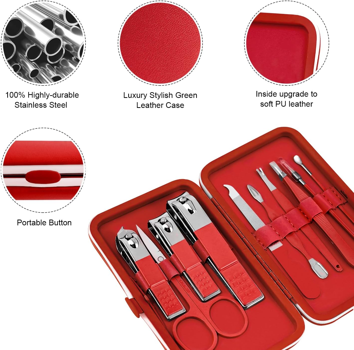 Manicure Set 10pcs Professional Nail Clippers Kit Pedicure Care Tools-Stainless Steel Grooming Tools for Travel (Red)