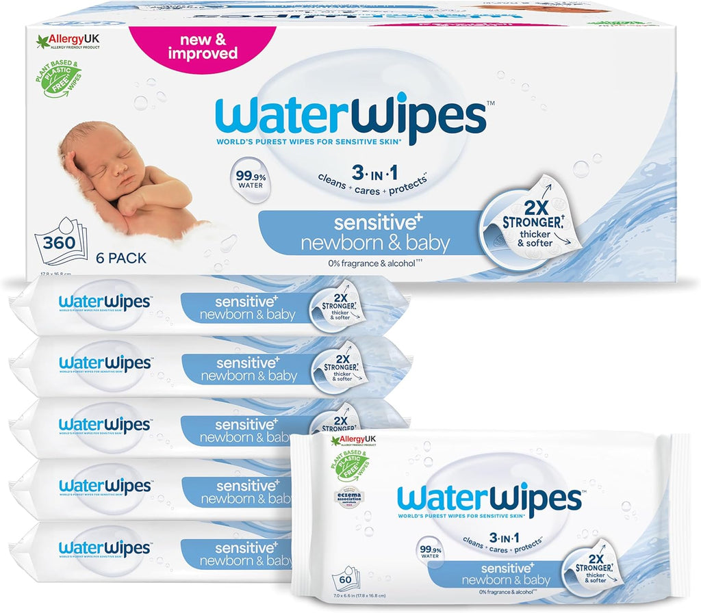 WaterWipes Sensitive+ Newborn & Baby Wipes, 360 Count (6 Packs), 3-In-1 Cleans, Cares, Protects, 99.9% Water, Unscented Visit the WaterWipes Store