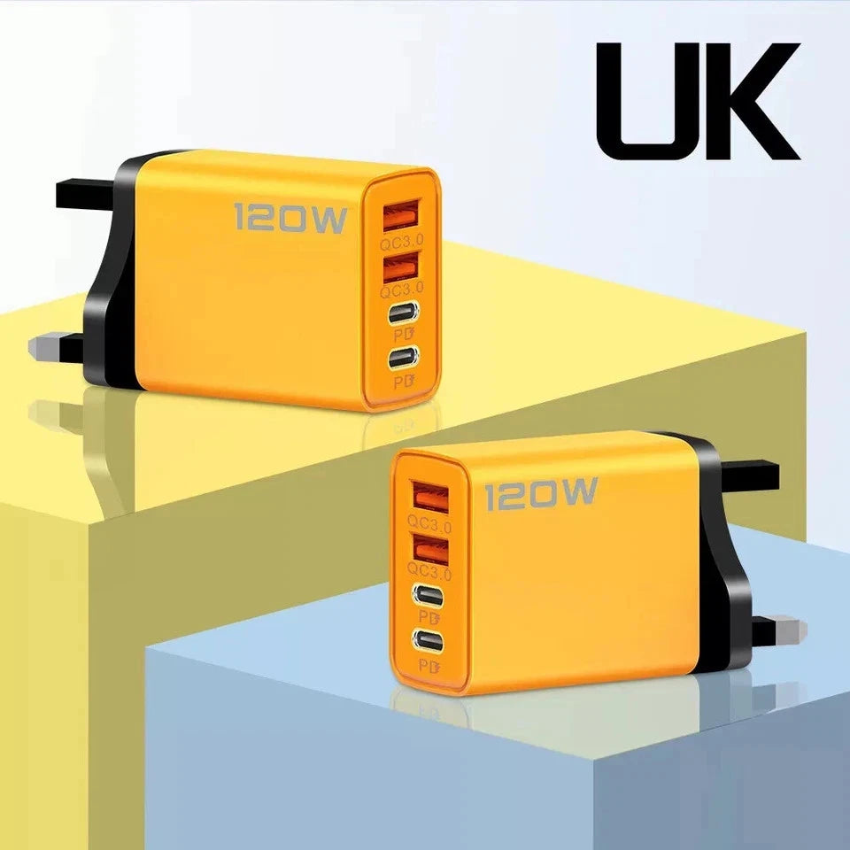 4PORTS USB C PD FAST CHARGER UK 3 PIN & EU 2 PIN 120W YELLOW