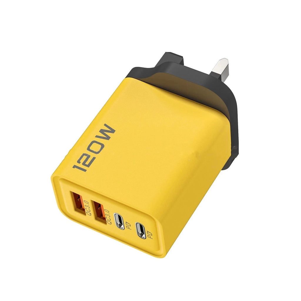 4PORTS USB C PD FAST CHARGER UK 3 PIN & EU 2 PIN 120W YELLOW