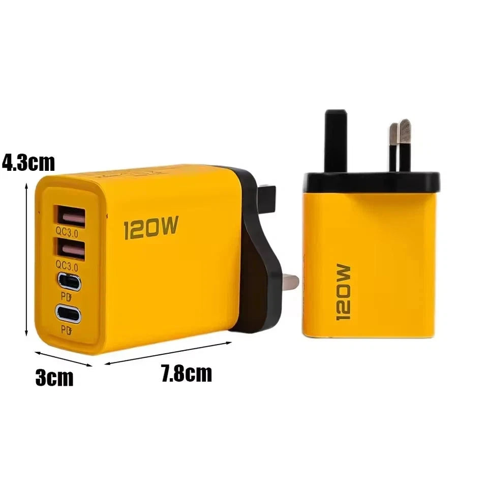 4PORTS USB C PD FAST CHARGER UK 3 PIN & EU 2 PIN 120W YELLOW