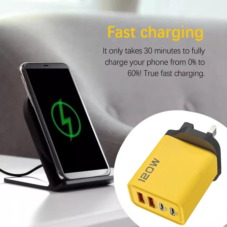 4PORTS USB C PD FAST CHARGER UK 3 PIN & EU 2 PIN 120W YELLOW