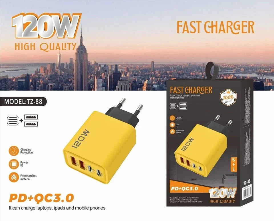 4PORTS USB C PD FAST CHARGER UK 3 PIN & EU 2 PIN 120W YELLOW