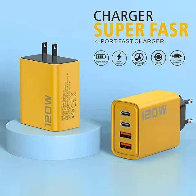 4PORTS USB C PD FAST CHARGER UK 3 PIN & EU 2 PIN 120W YELLOW